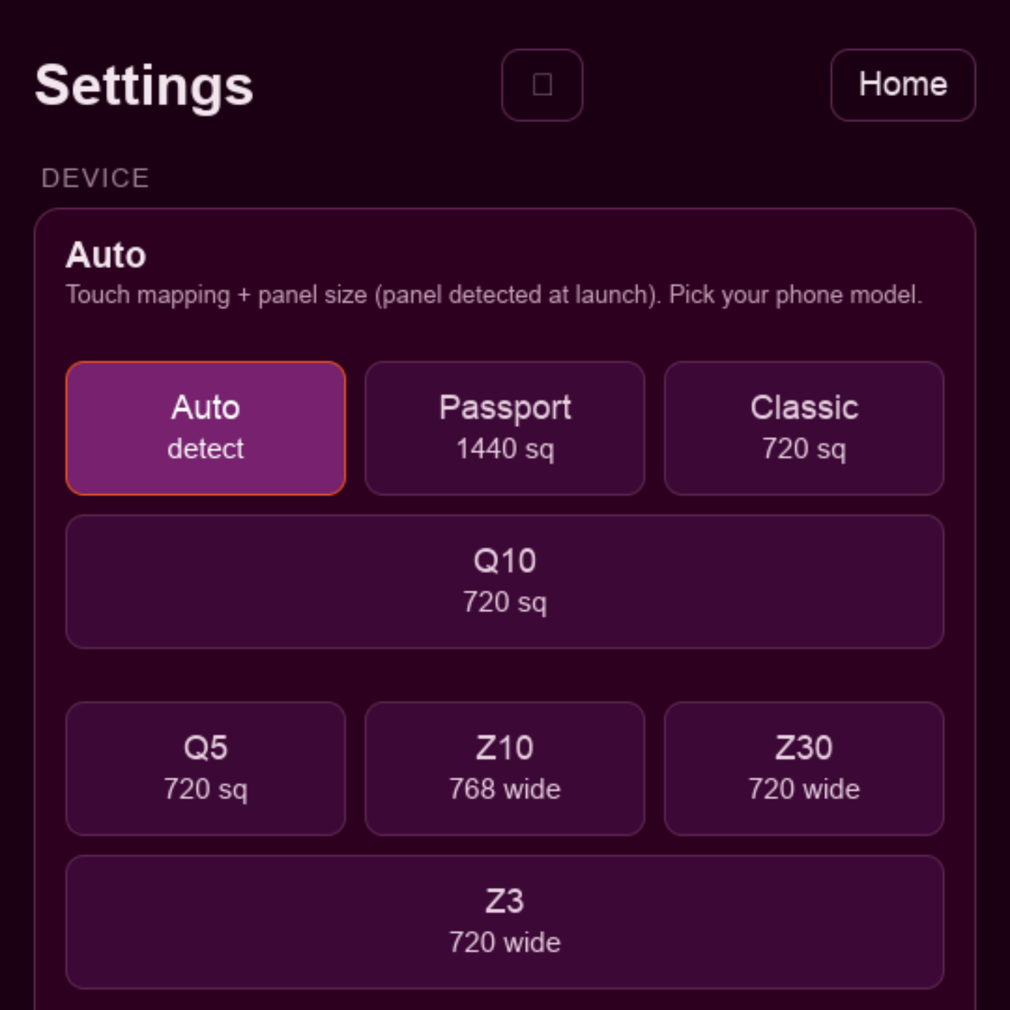 Berry Browser settings — device auto-detect and BB10 models