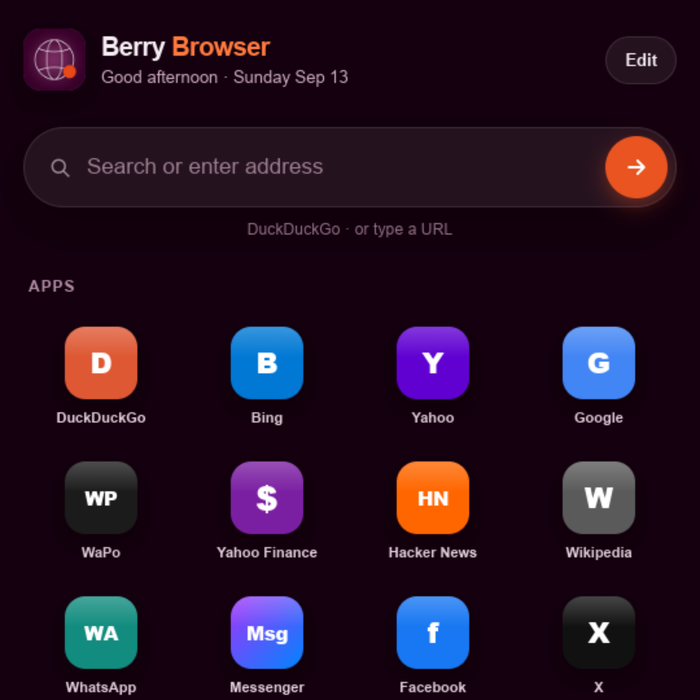 Berry Browser start page on BlackBerry 10 — search bar and app shortcuts